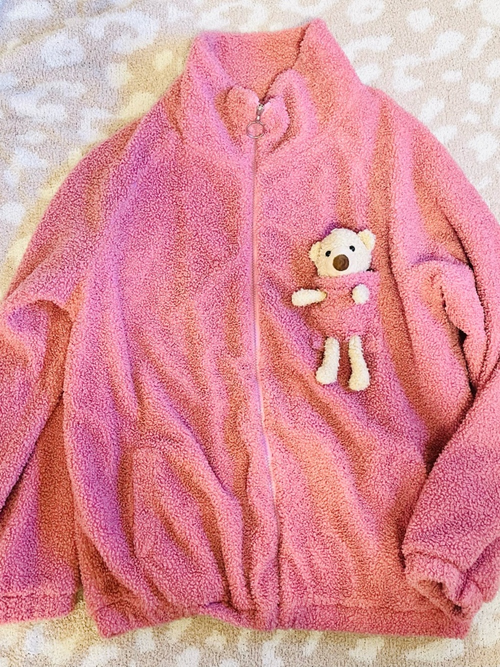 NWOT SHEIN Teddy Bear Pocket Sherpa Fleece Jacket Pink 0XL